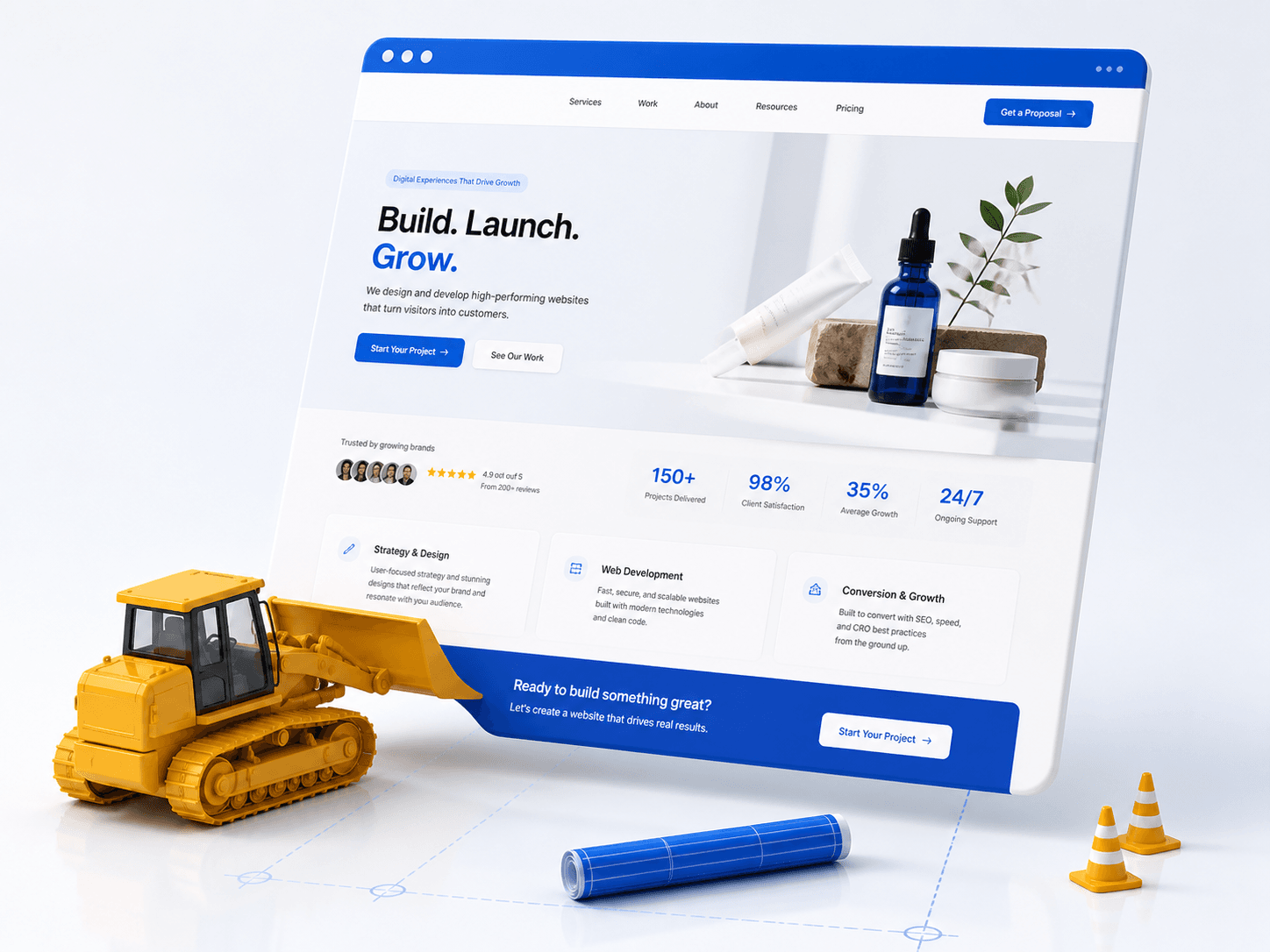 A yellow bulldozer supporting a dimensional blue-and-white website interface