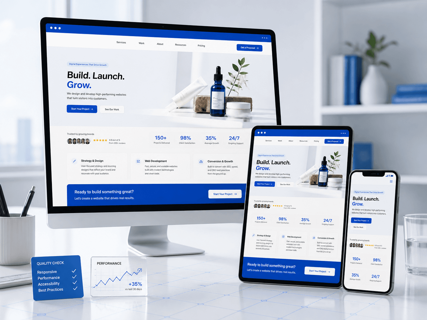A responsive business website being tested on desktop, tablet and mobile devices