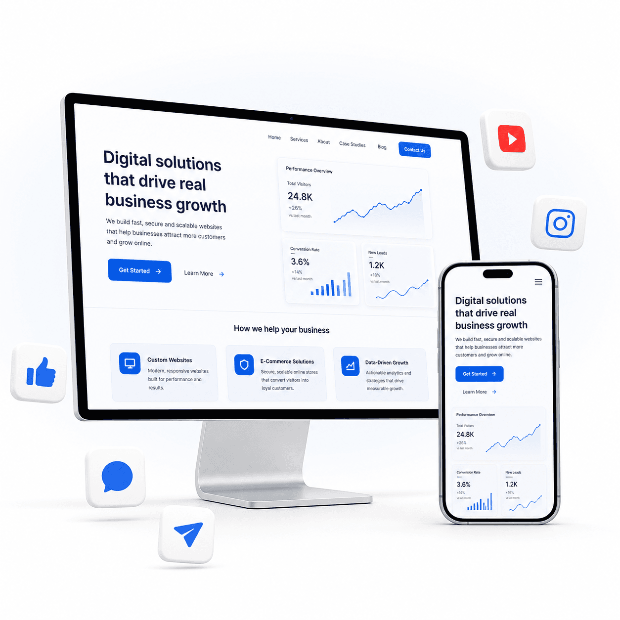 Responsive business website displayed on a desktop and phone with floating social media icons