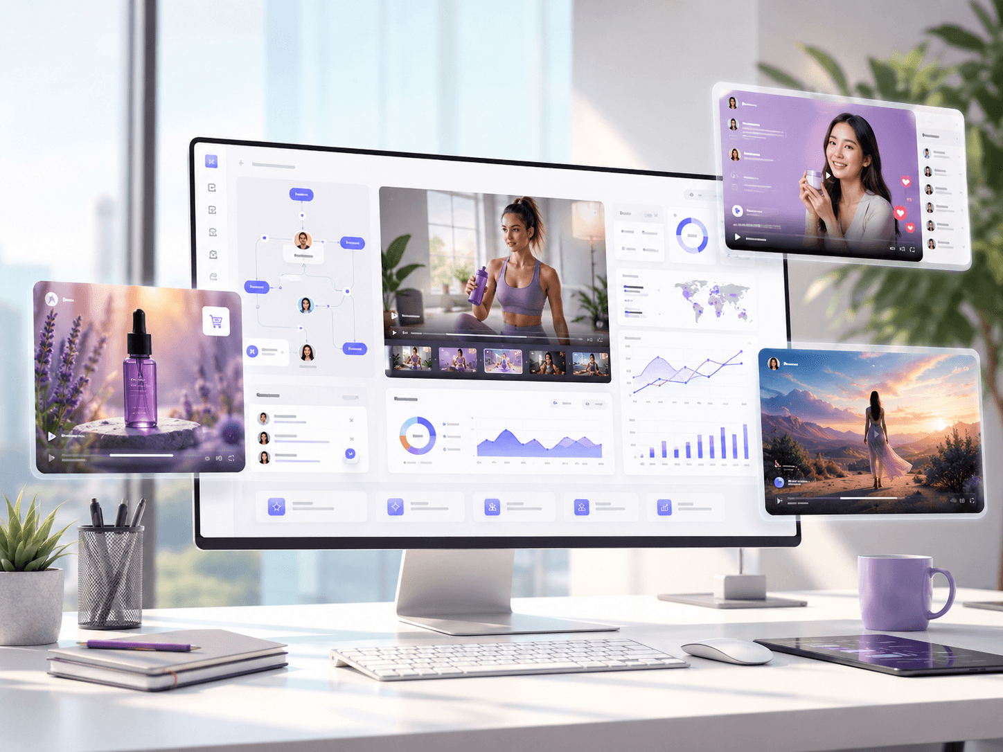 Responsive business website displayed on a desktop and phone with floating social media icons