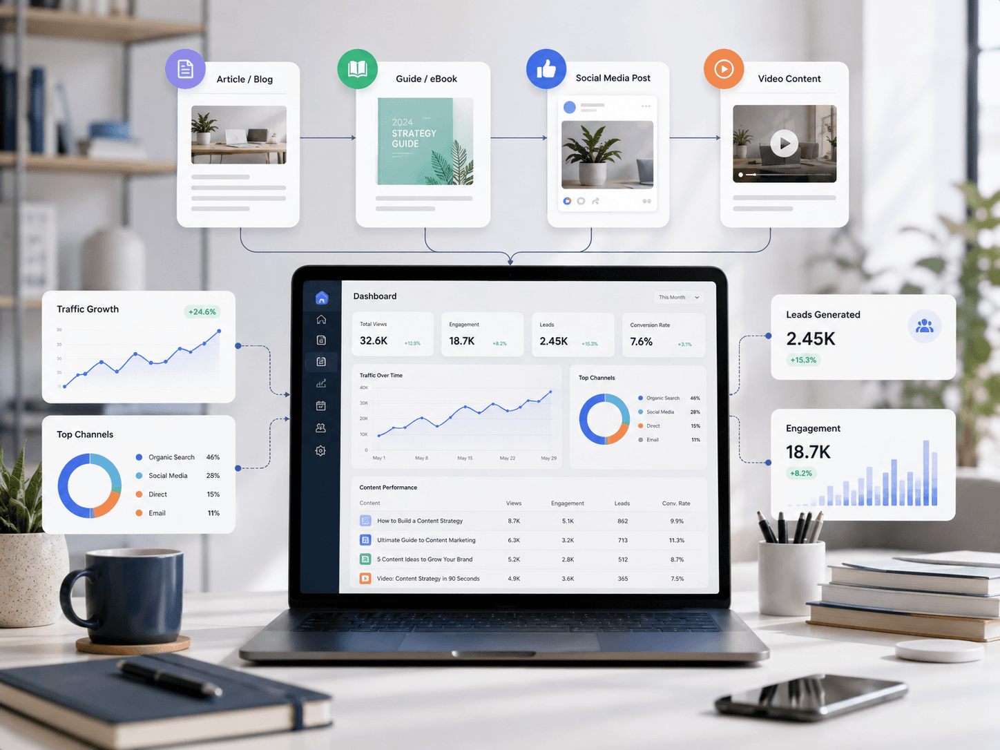 Responsive business website displayed on a desktop and phone with floating social media icons