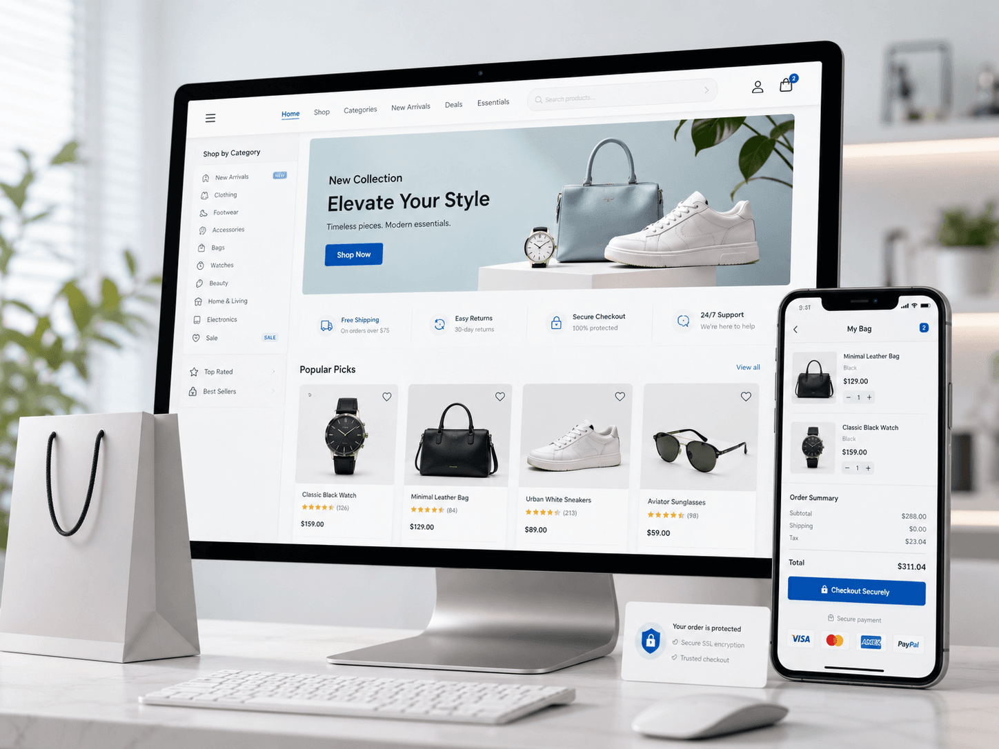 Responsive business website displayed on a desktop and phone with floating social media icons