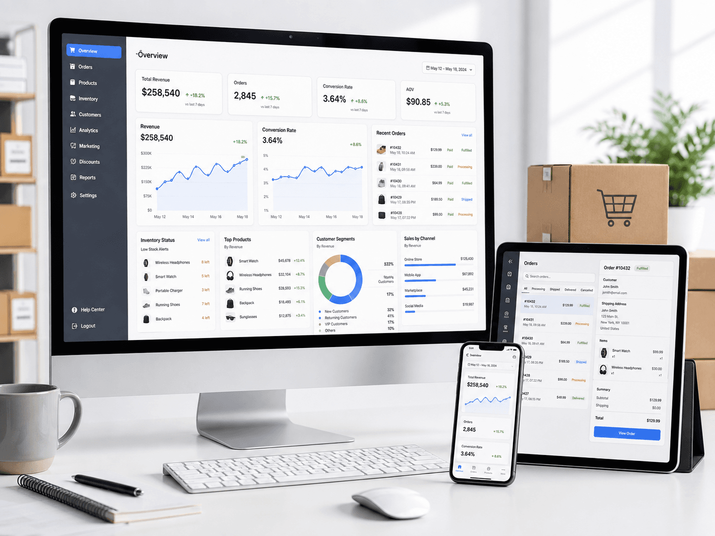 A responsive business website being tested on desktop, tablet and mobile devices