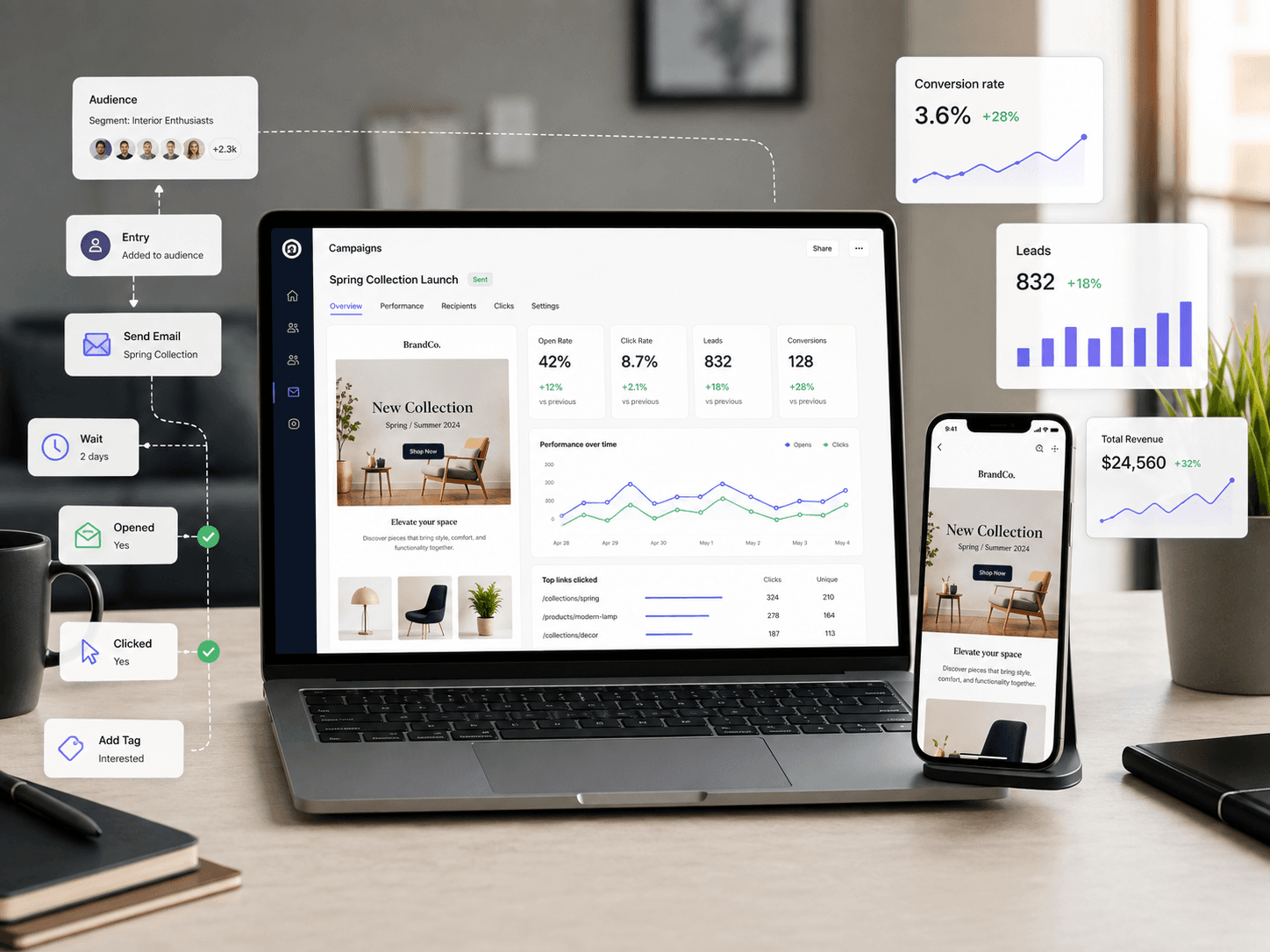 Responsive business website displayed on a desktop and phone with floating social media icons