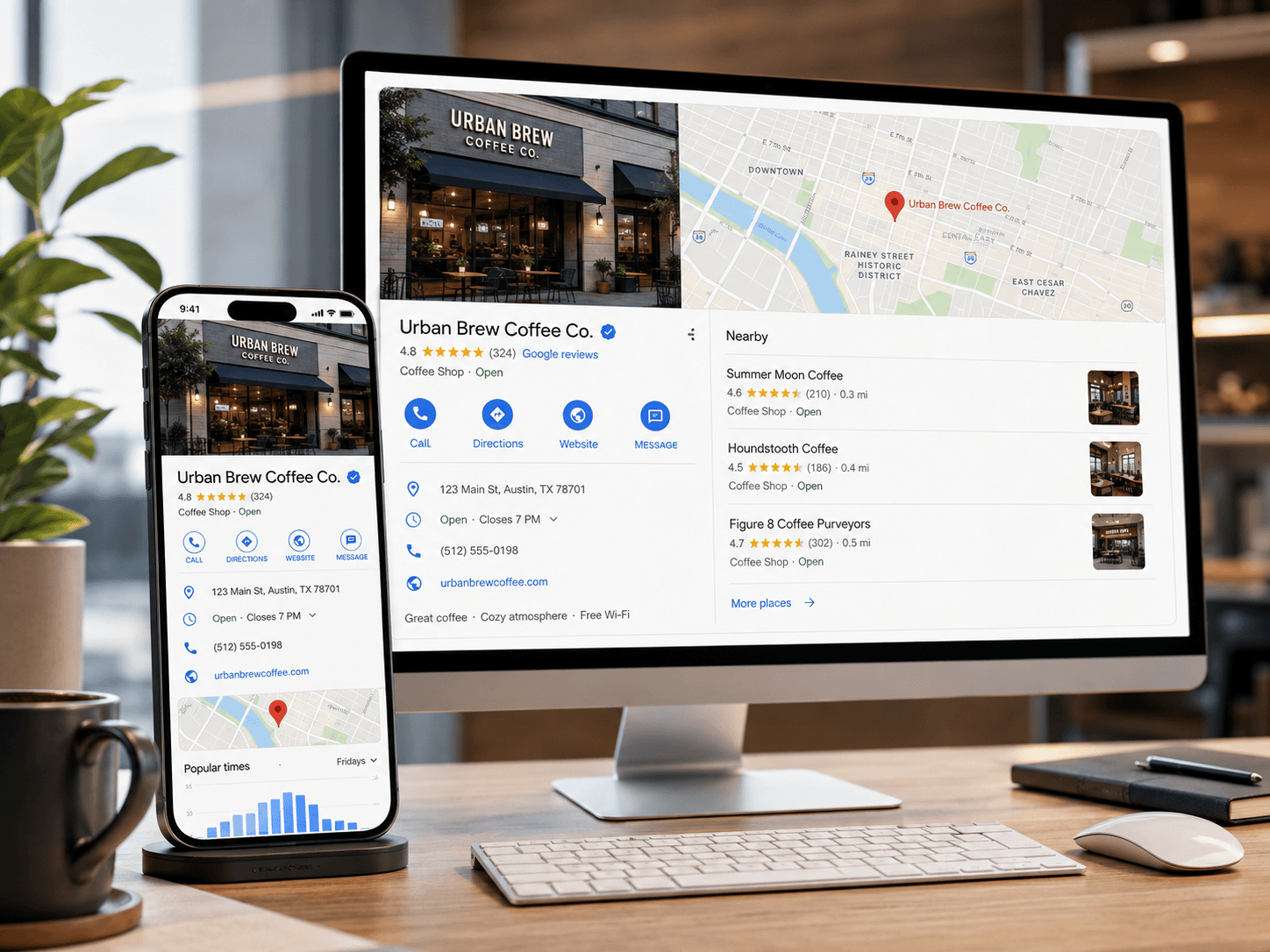 Responsive business website displayed on a desktop and phone with floating social media icons