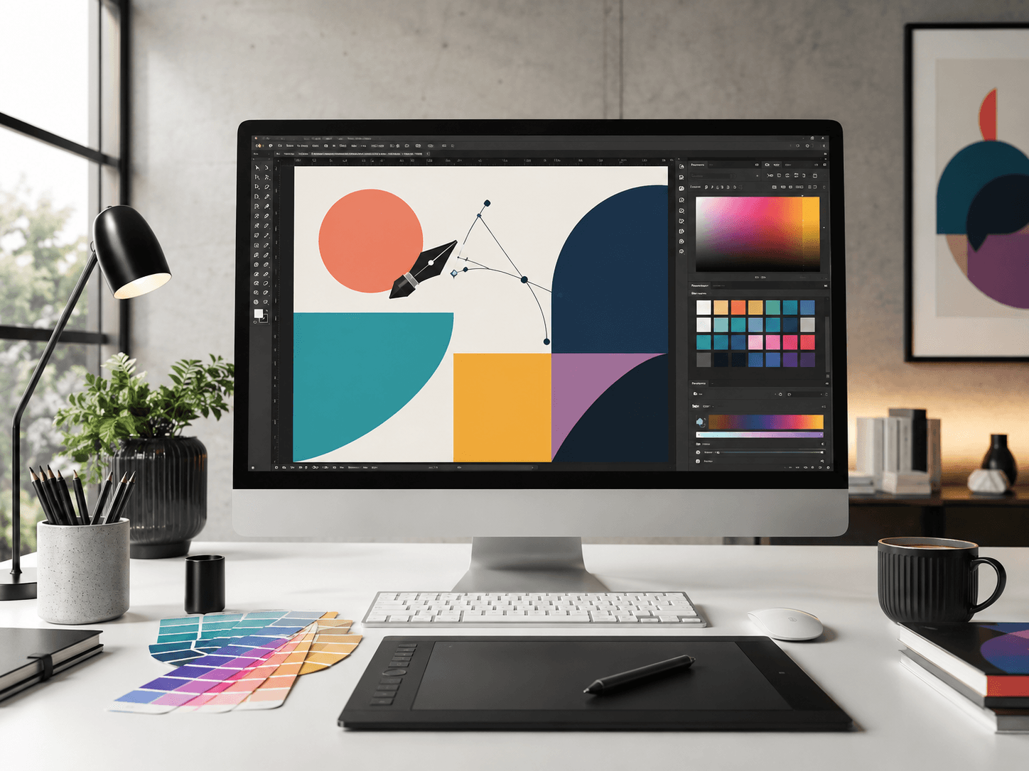 Responsive business website displayed on a desktop and phone with floating social media icons