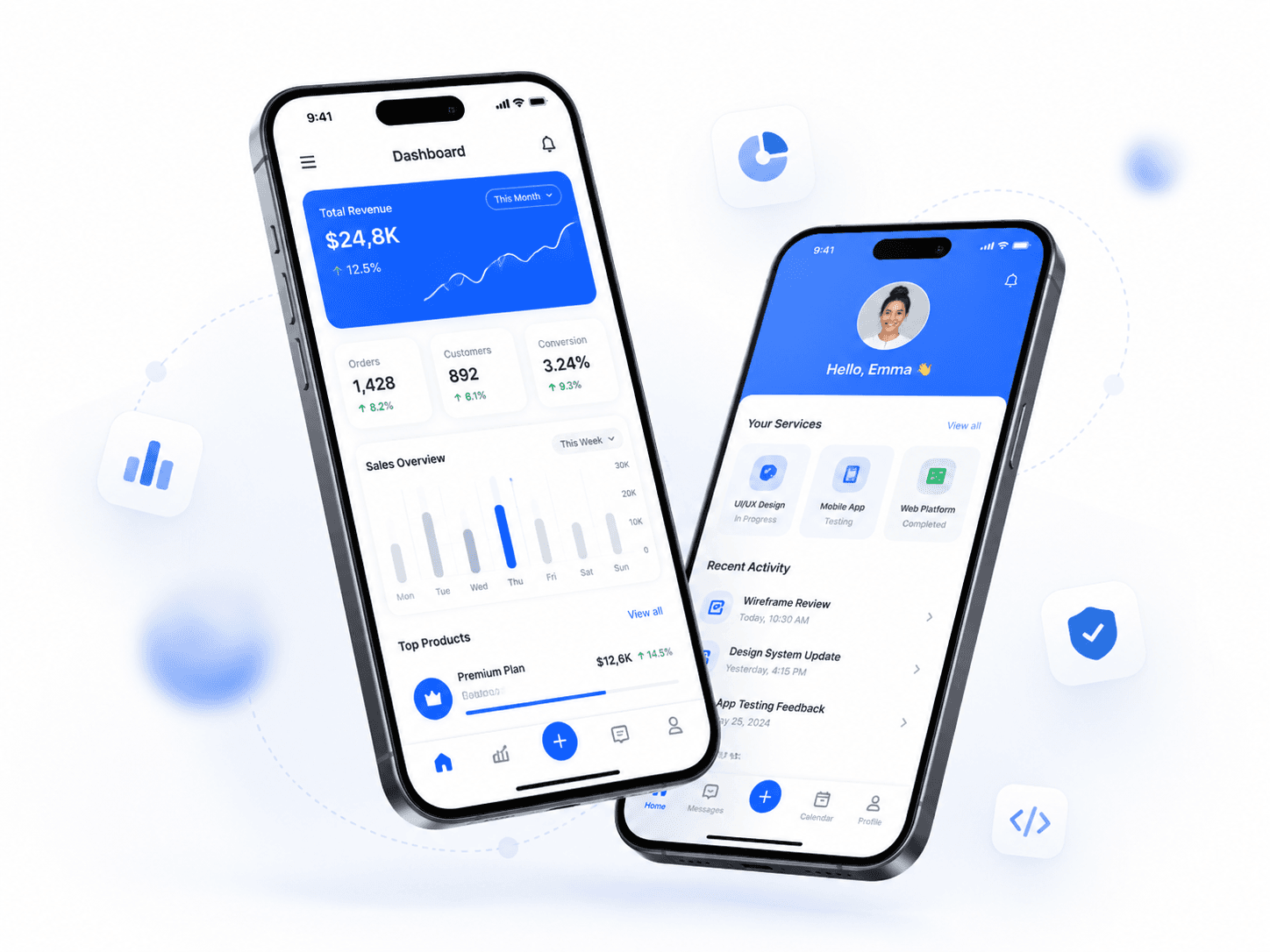 Responsive business website displayed on a desktop and phone with floating social media icons