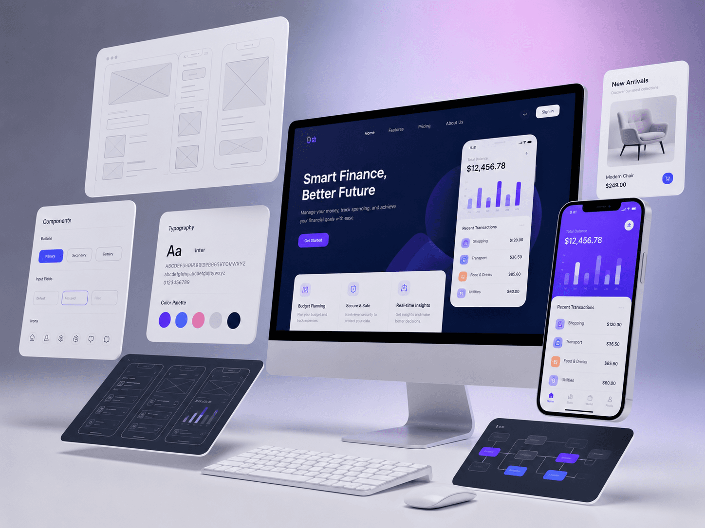 Responsive business website displayed on a desktop and phone with floating social media icons