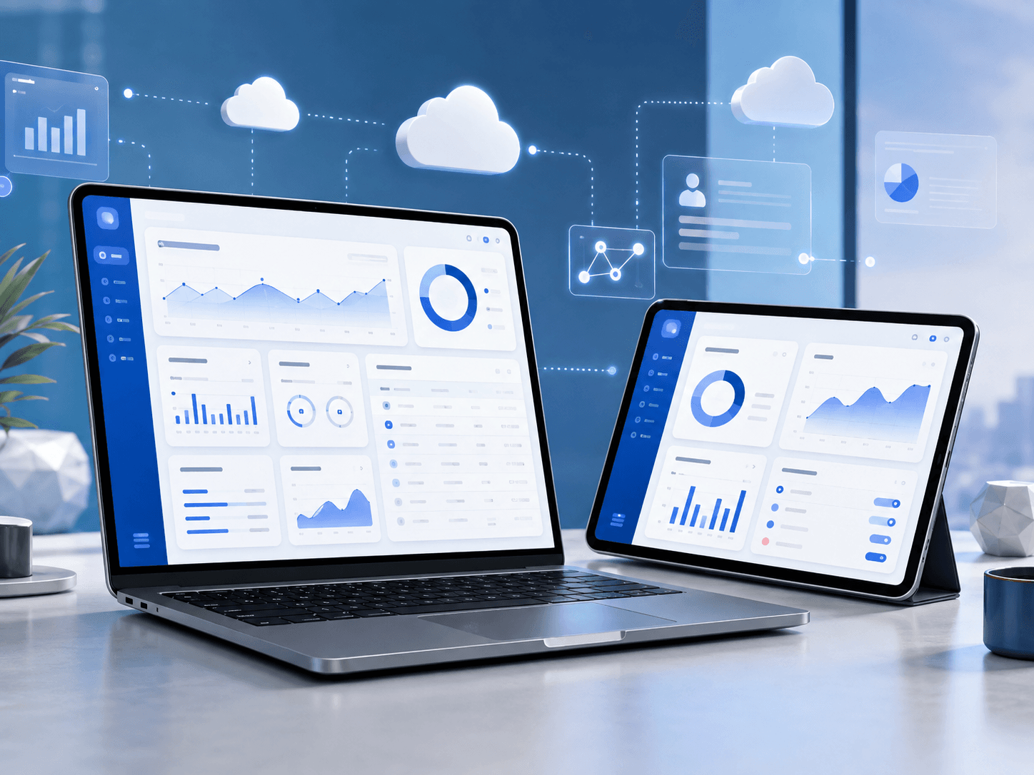 Responsive business website displayed on a desktop and phone with floating social media icons