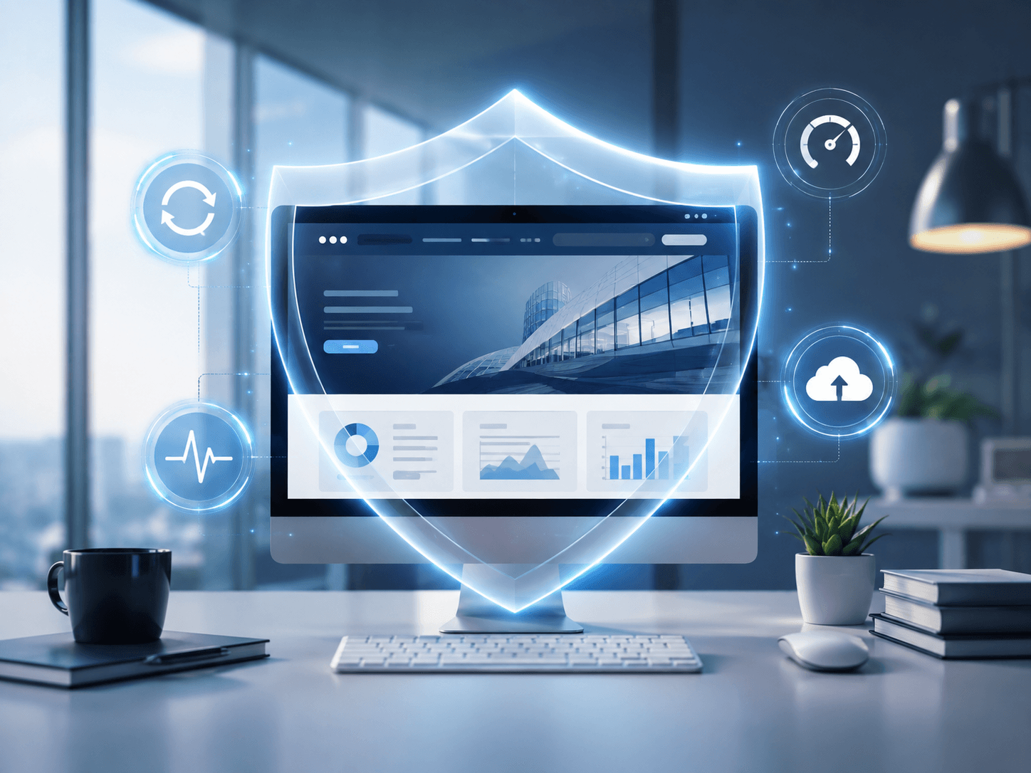Responsive business website displayed on a desktop and phone with floating social media icons