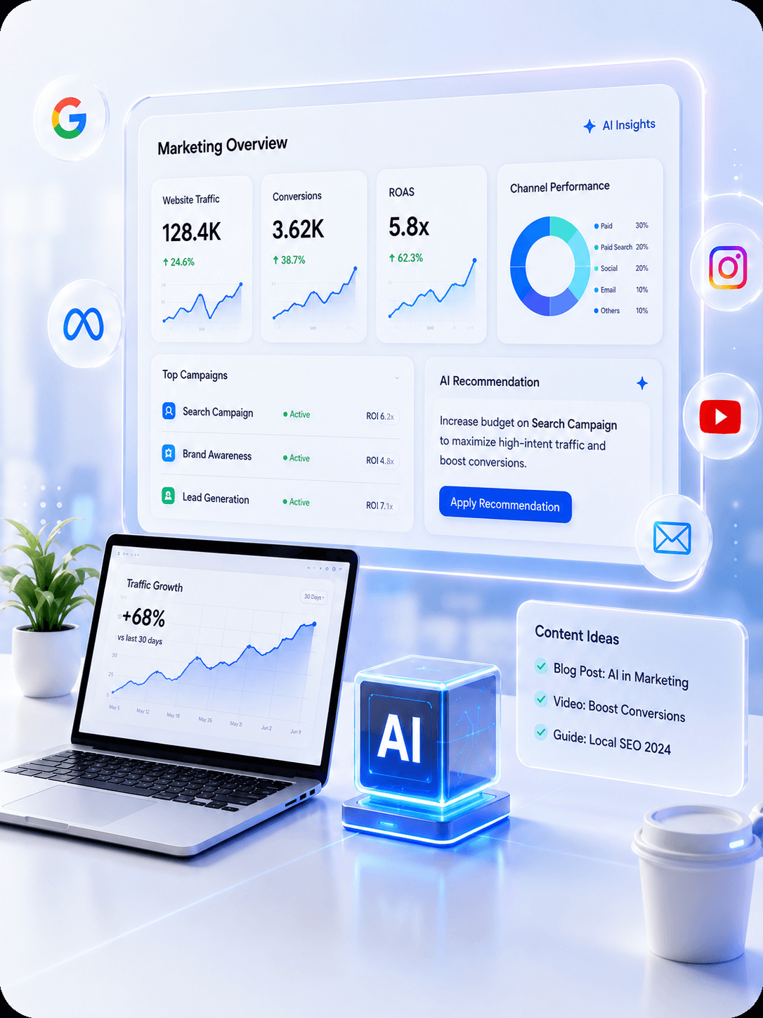 AI-powered digital marketing analytics dashboard with campaign performance insights