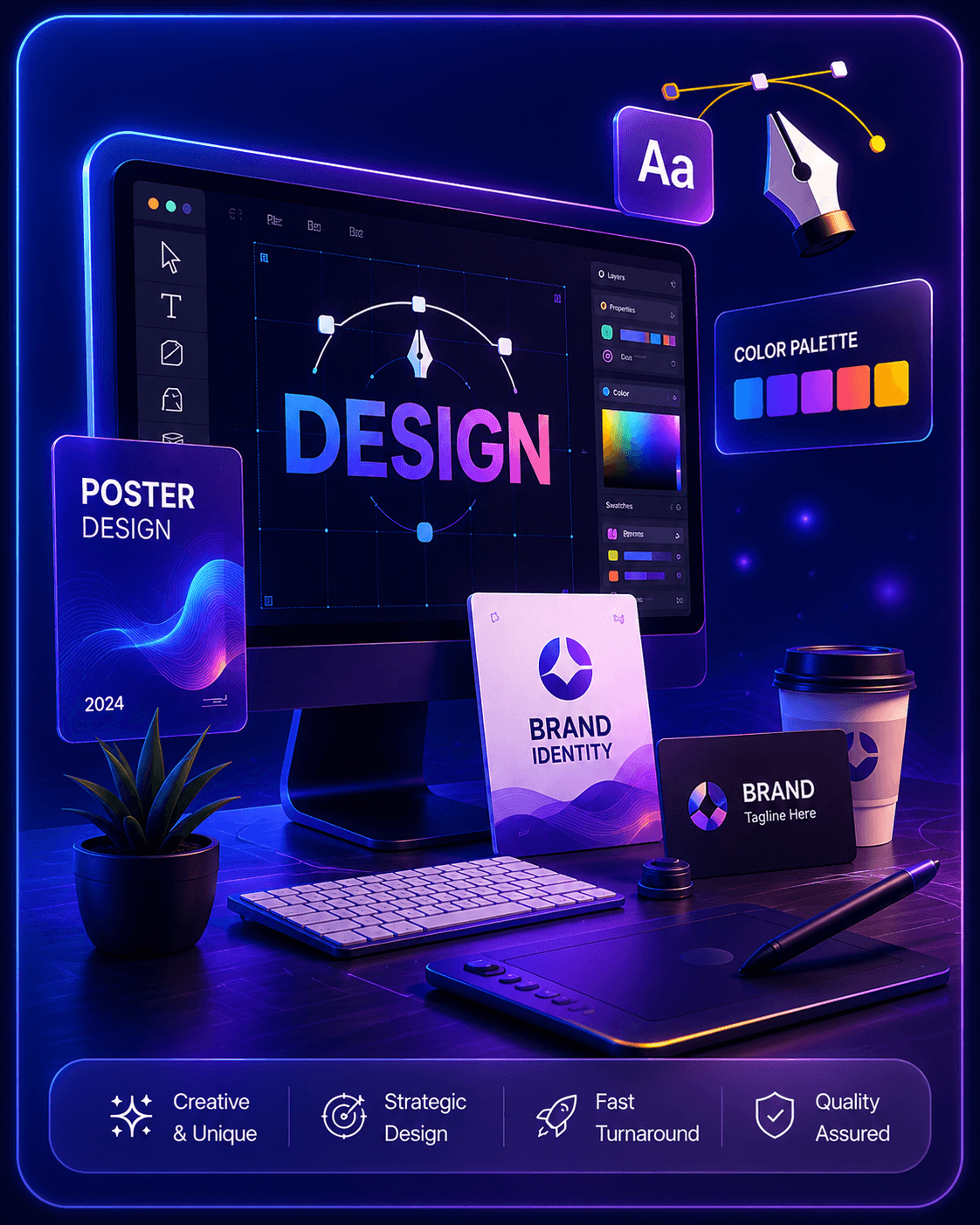 Professional graphic design workstation with brand identity assets